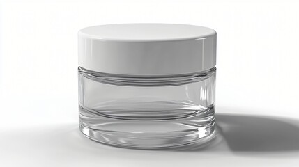 Clear cosmetic jar with white lid on white background for skincare product advertising and branding.