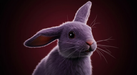 Lilac bunny close-up in studio setting. Adorable, furry creature with prominent ears and detailed fur texture.