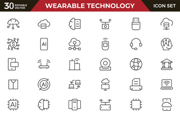 wearable technology line icon set. Depicts various wearable devices designed for fitness tracking, communication, and health monitoring.