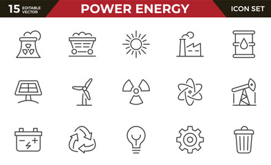Power energy flat line icons set. Energy generation station. Vector illustration alternative renewable energy sources included solar, wind, hydro, tidal, geothermal and biomass Editable strokes