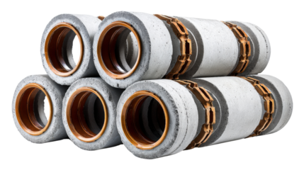 Industrial Cylinder Components: A close-up shot highlights the intricate design of stacked industrial cylinder components with a strong focus on their form, texture, and materiality.