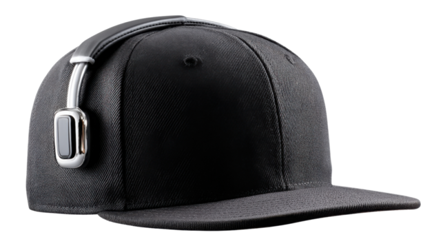 Stylish Headwear: A sleek, modern baseball cap with integrated headphones, showcasing a minimalist design that blends fashion and function seamlessly.