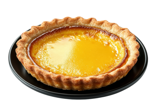 Luscious egg tart on a dark plate golden custard shines