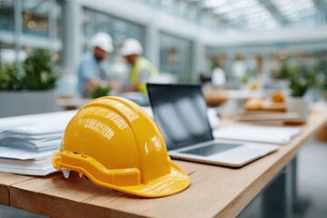 Construction professionals collaborate in an office with safety gear and technology on display at a modern worksite