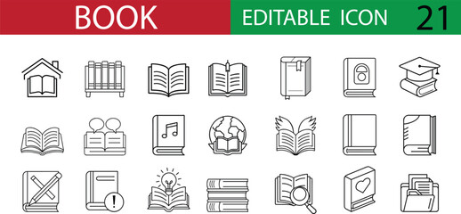 Editable book icon set with 21 minimalist line art designs including open books, closed books, library, graduation cap, and study symbols. Perfect for education and learning concepts.