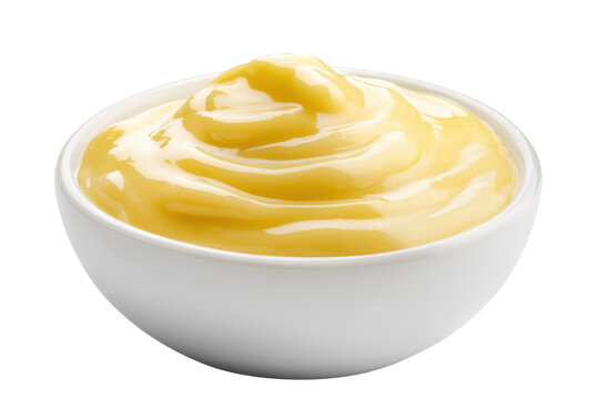 Lustrous custard in a white bowl against a dark abyss