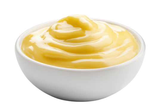 Lustrous custard in a white bowl against a dark abyss
