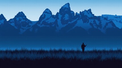 Silhouette figure in a vast, twilight mountain landscape.
