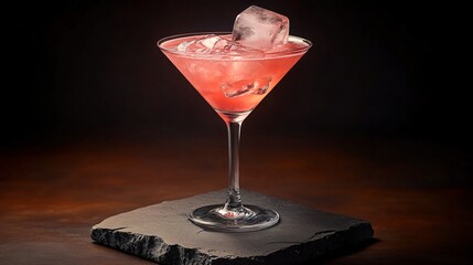 Refreshing cocktail glass with red drink and ice on dark stone slate for beverage advertising and bar promotions