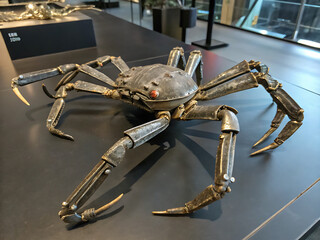 Metallic robotic crab model displayed on a dark table surface
Modelo de cangrejo robótico metálico expuesto sobre una superficie de mesa oscura