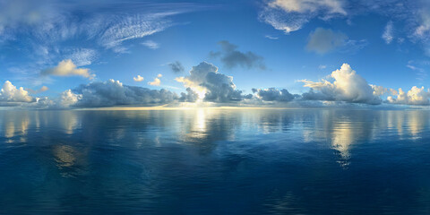 A Full Spherical Image Capturing the Harmony of a Calm Ocean Surface Mirroring a Cloudy Yet Bright Sky