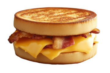 Melted cheese oozes from grilled bacon sandwich on toasty bun
