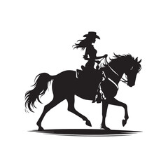 Cowgirl on Horse Vector Silhouette, Western Spirit, Cowboy Life, Equestrian Style, Wild West Adventure, Country Girl, Rustic Charm.
