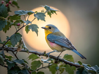 Obraz premium A small songbird perched on a branch against a glowing full‑moon backdrop 