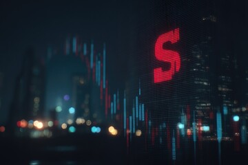 Financial market display at night, showing currency symbol, stock charts