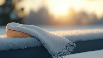 A white blanket with fringe draped over a wooden bench.
