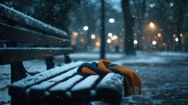 A snowy park bench with a colorful scarf draped over it.