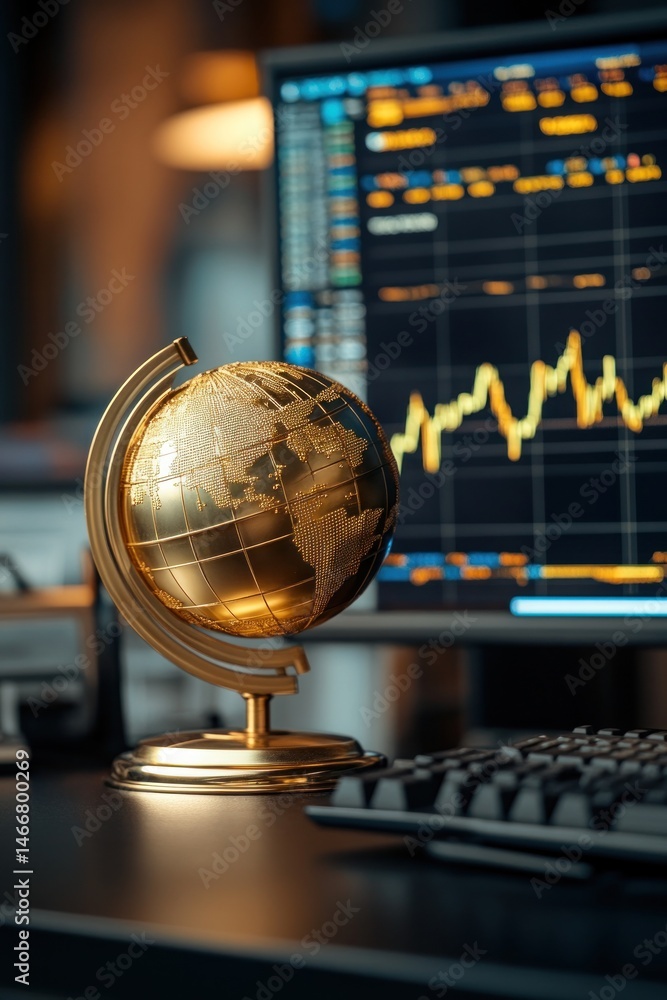 Poster golden globe on a dark desk with computer screen showing financial data