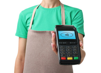 Worker holding payment terminal on white background, closeup