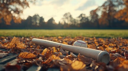 A baseball bat and ball rest on a bed of fallen leaves.