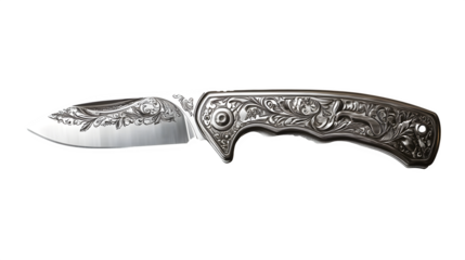 A classic silver pocket knife with detailed engraving, symbolizing practicality and craftsmanship, isolated on a transparent background