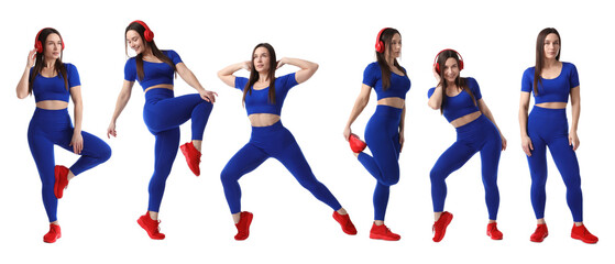Woman in blue sportswear on white background, collage