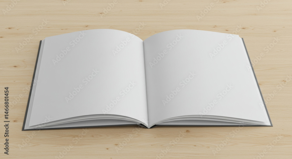 Poster open book with blank pages on a light wood surface. empty book resting open on a light wood table.
