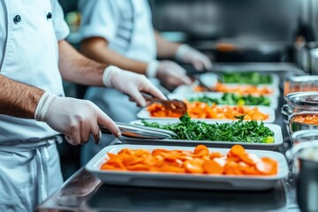 Chefs preparing ingredients in a modern virtual restaurant kitchen