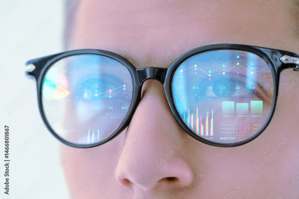 Poster stock exchange. trader analyzing data, closeup. graphs and information reflecting in his eyeglasses