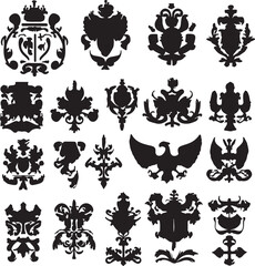 Ornate Heraldic Crests & Emblems: Collection of Vintage Silhouette Designs for Logo, Tattoo, or Graphic Design Elements - Vector Illustration