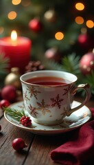 Fototapeta premium Close-up Christmas tea, warm drink, festive setting, tea time, cozy, wood