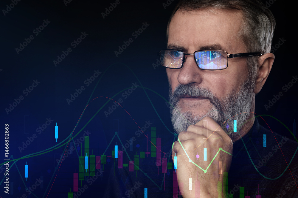 Aufkleber stock exchange. trader analyzing data on black background. graphs reflecting in his eyeglasses