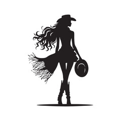 Cowgirl with Skirt and Hat Vector Silhouette, Western Fashion, Country Girl, Rustic Charm, Wild West Style, Cowboy Spirit.
