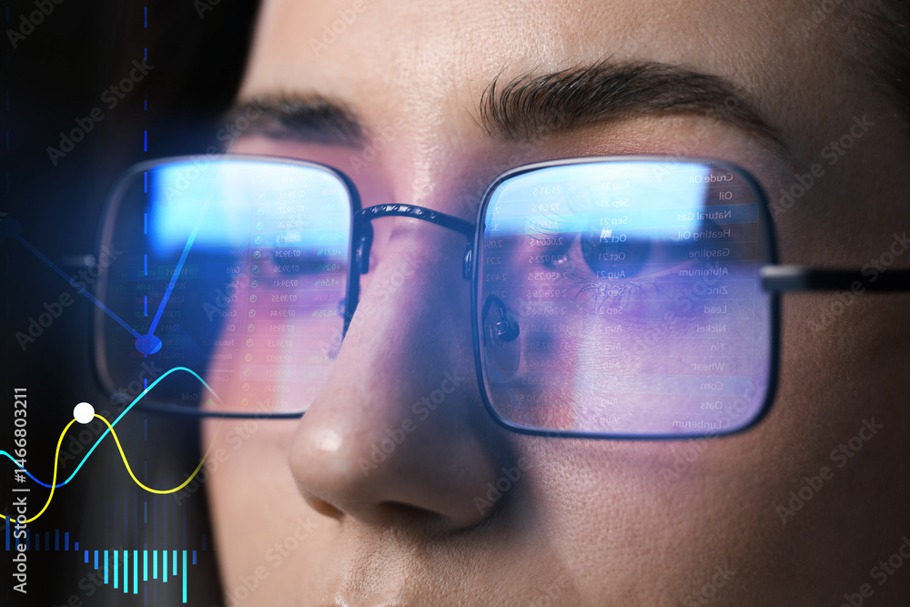 Poster stock exchange. trader analyzing data, closeup. double exposure with graphs. information reflecting 
