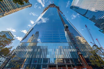 A team of workers completing the exterior facade of a new skyscraper with a glass curtain wall design 