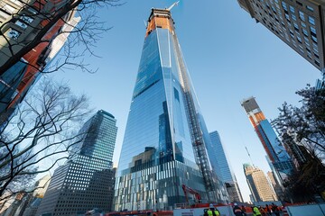 Obraz premium A team of workers completing the exterior facade of a new skyscraper with a glass curtain wall design