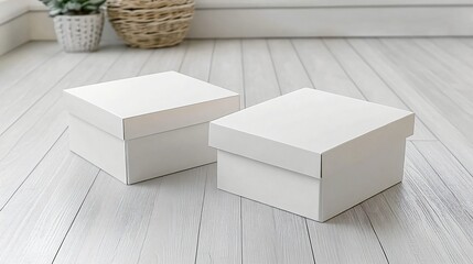 Pair of white square cardboard boxes on wooden floor in natural lighting for packaging or shipping mockups