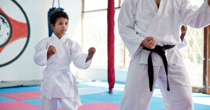 Boy, lesson and sensei with student in karate class, self defense pose or martial arts with youth for combat education. Taekwondo training, stance and instructor with male child for coaching in dojo