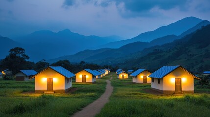 Rural village embracing sustainable living with solar panels at dusk