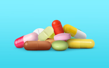 Different antibiotic pills on light blue background. Banner design