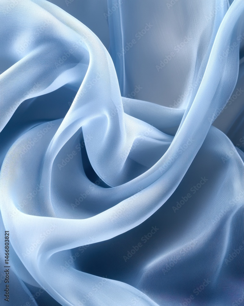Poster abstract flowing light blue chiffon fabric creating soft waves in studio setting with elegant and ca
