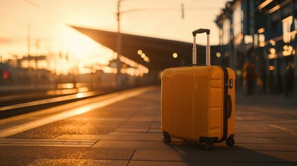 Traveling with a yellow suitcase.