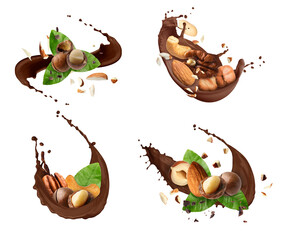 Chocolate splashes with nuts on white background, set