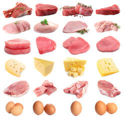 Meat, fish, eggs and cheese. Different fresh products on white background, collage