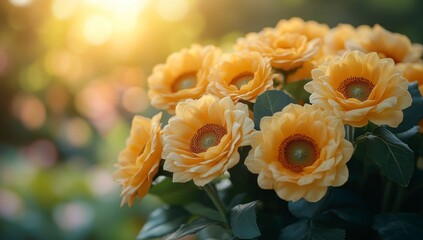 Yellow flowers in a bokeh green garden light