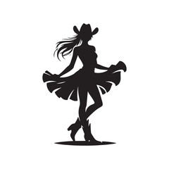 Cowgirl with Skirt and Hat Vector Silhouette, Western Fashion, Country Girl, Rustic Charm, Wild West Style, Cowboy Spirit.
