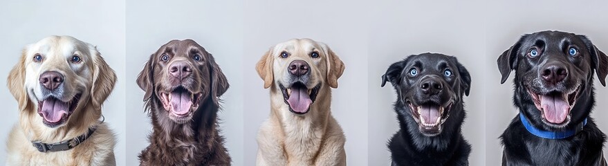 Four happy Labrador dogs of different colors, showcasing variety in fur
