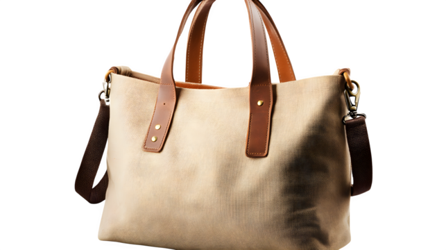 A vintage canvas tote bag with leather straps, symbolizing practicality and timeless style, isolated on a transparent background