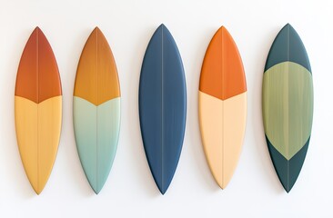 Five colorful surfboards, displayed horizontally against a white background, showcase a gradient color scheme.  Each board has a distinct color combination, creating a vibrant visual display