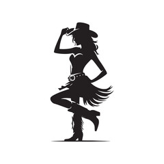Cowgirl with Skirt and Hat Vector Silhouette, Western Fashion, Country Girl, Rustic Charm, Wild West Style, Cowboy Spirit.

